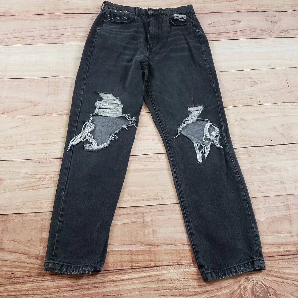 RSQ Jeans Women 28 Black Straight Distressed High‎ Rise Mom Denim Ladies 28x29